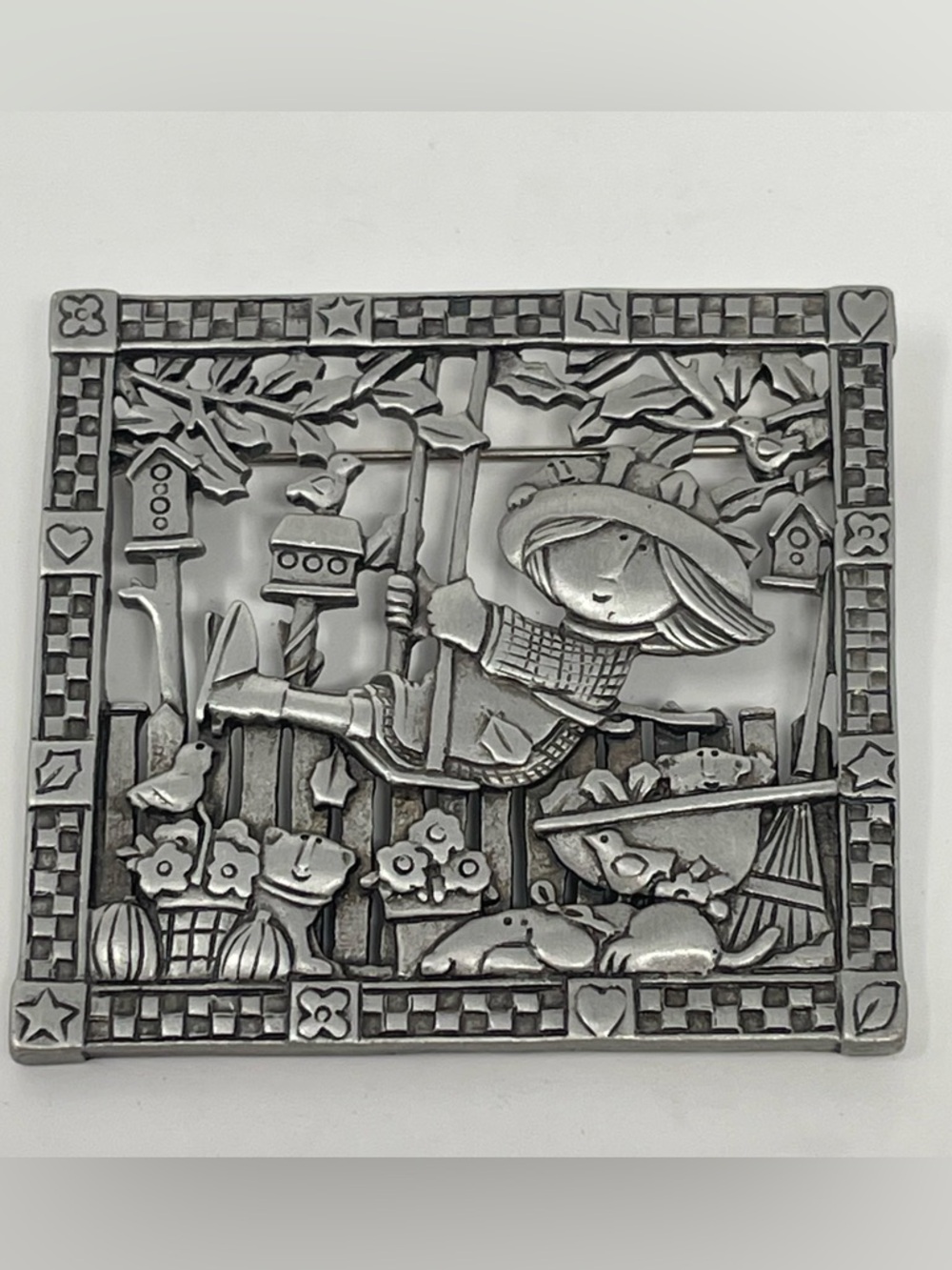 Sue Dreamer Applejack Spoontiques Pewter Brooch Girl on Swing 1999 Vintage